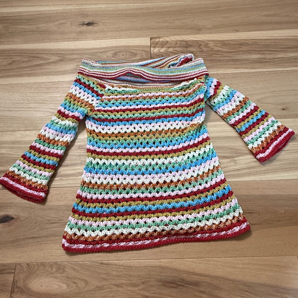 Boston Proper Crochet Sweater Women S Multicolor Retro Boho Off Shoulder Stripe